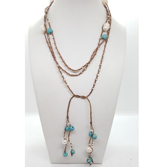 Handmade Boho Necklace Turquoise Beads Freshwater Pearl Cord 32in Ethnic Native - Picture 1 of 6